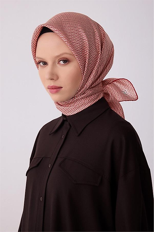 Kırmızı Monogram Desen %100 Twill İpek Eşarp 4321 - 83