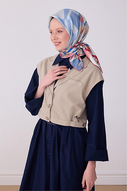 Çok Renkli Obje Desen %100 Twill İpek Eşarp 4300 - 35