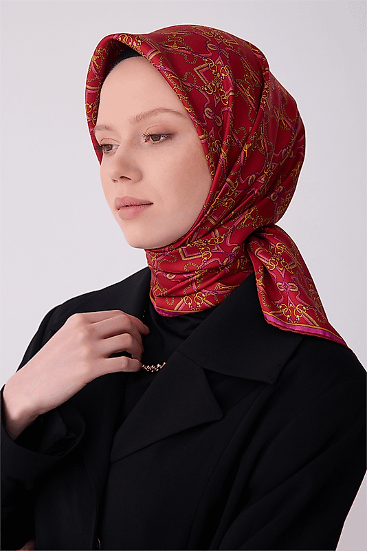 Kırmızı Klasik Desen %100 Twill İpek Eşarp 4328 - 01