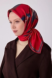 Belli Kırmızı Çiçekli Desen Tivil  İpek Eşarp  4303 - 81