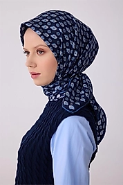 Belli Lacivert Etnik Desen %100 Twill İpek Eşarp 4308-04