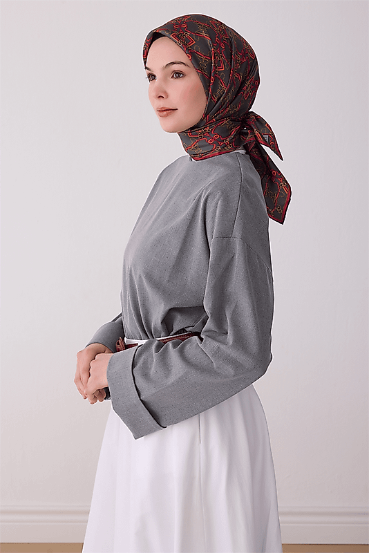 Çok Renkli Klasik Desen %100 Twill İpek Eşarp 4328 - 05