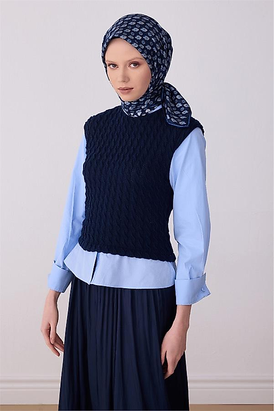 Lacivert Etnik Desen %100 Twill İpek Eşarp 4308 - 04