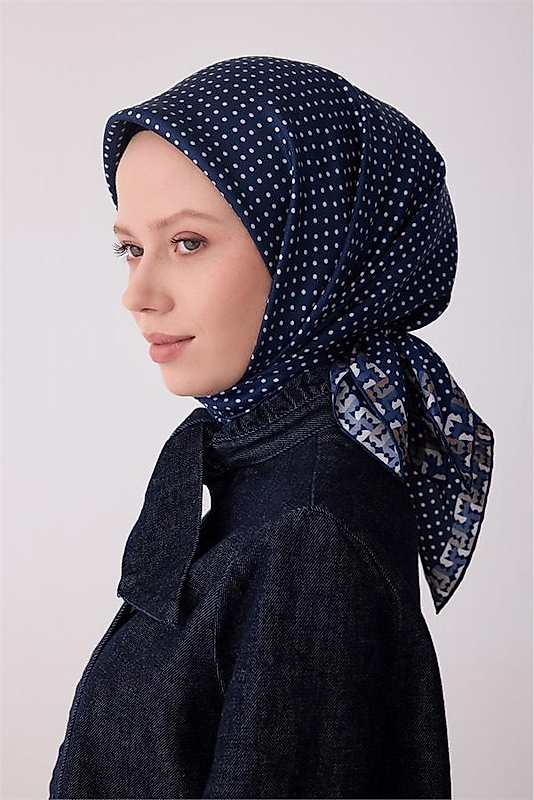 Lacivert Klasik Desen %100 Twill İpek Eşarp 4326 - 86