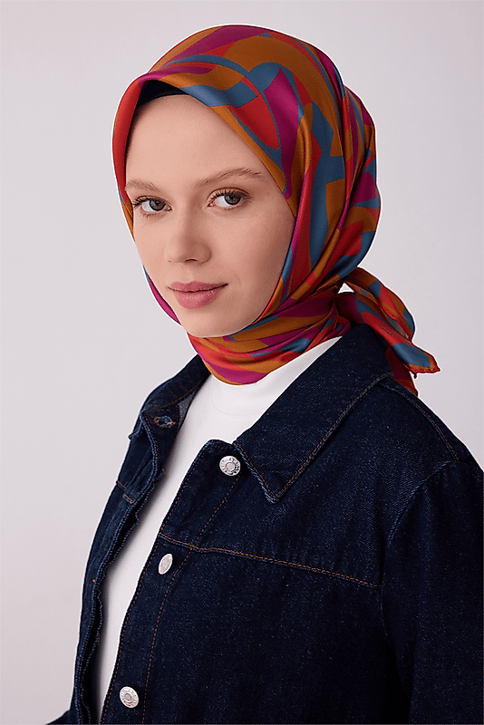Çok Renkli Geometrik Desen %100 Twill İpek Eşarp 4327 - 83