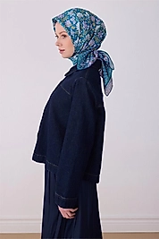 Belli Mavi Etnik Desen %100 Twill İpek Eşarp 4314-52
