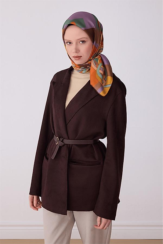 Çok Renkli Obje Desen %100 Twill İpek Eşarp 4300 - 82