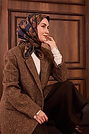 Twill İpek Eşarp Lacivert Çiçek Desen