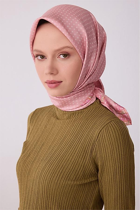 Pembe Klasik Desen %100 Twill İpek Eşarp 4326 - 01