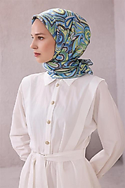 BELLİ ETNİK DESEN İPEK EŞARP 4222D (TWILL) YEŞİL MAVİ - 81